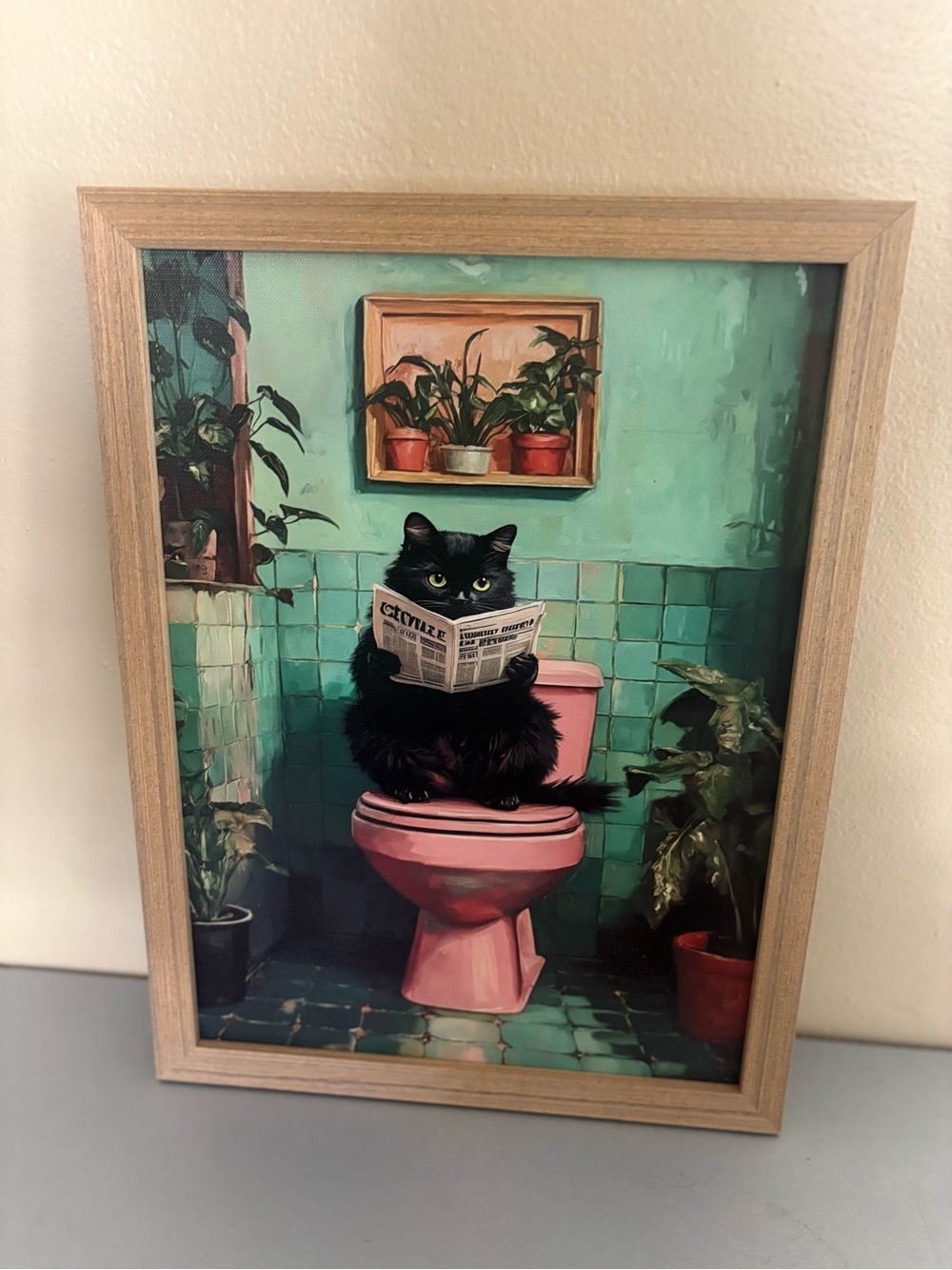 Framed Black Cat Wall Art Bathroom Scene with Pink and Teal